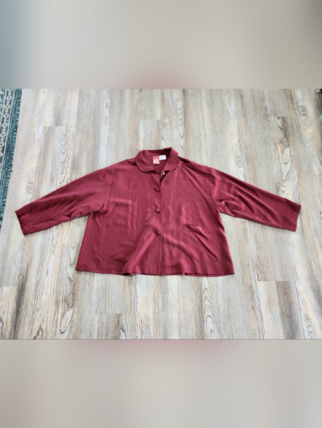 April Cornell Silk Burgundy Boxy Button Up Pocket Shirt 3/4 Sleeve Womens M Top